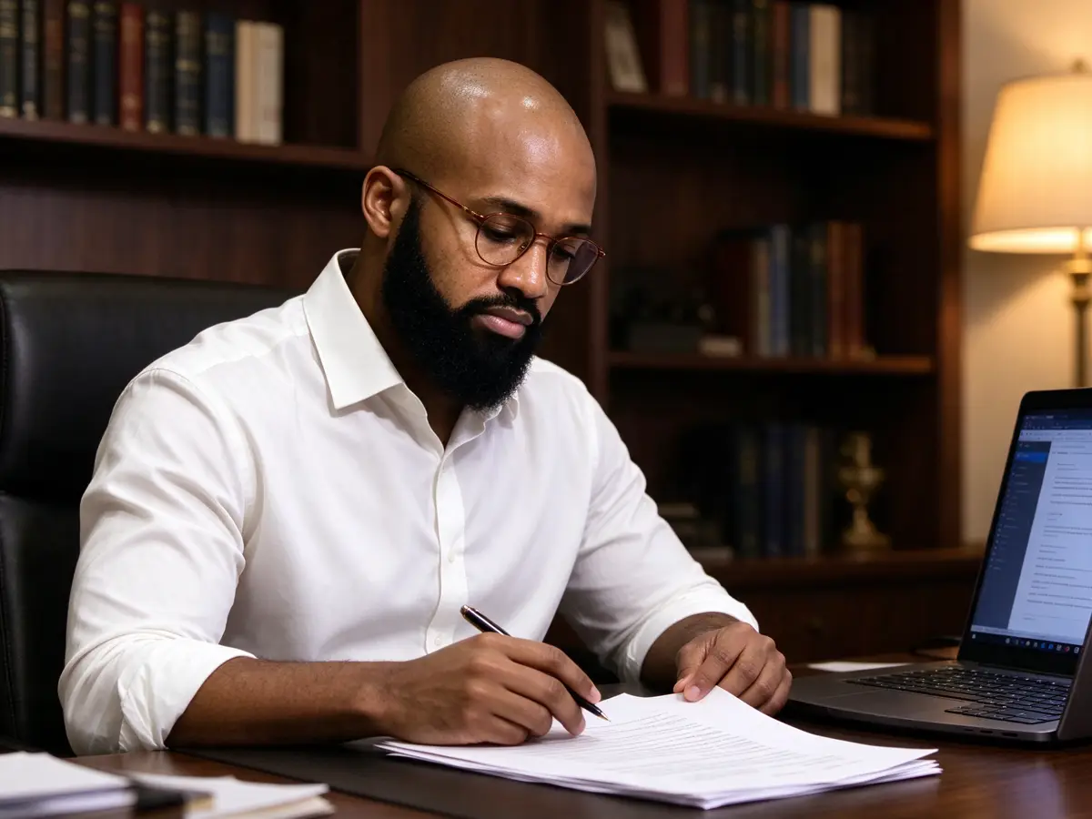 Dr. Felipe Jesus analisando documentos de um caso no escritório